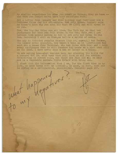 Hunter S. Thompson Letter Signed From 1961 -- Thompson Writes of His Girlfriend Getting an Abortion, ''...upon our return from Tiajuana, a place that all potential papas should know about...''